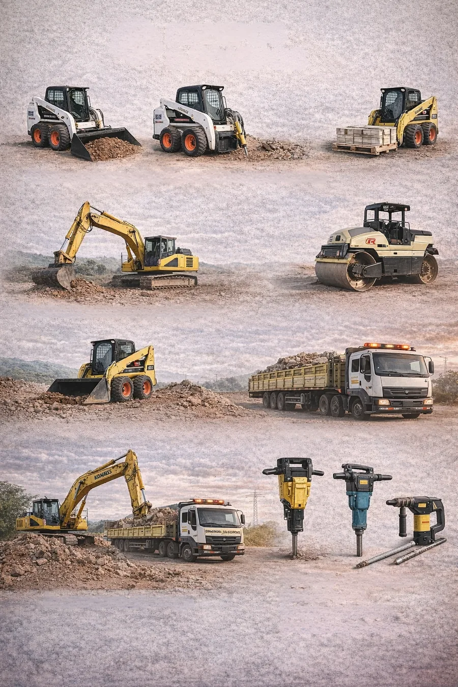 Minicargadores, retroexcavadora, rodillo, camión y martillos de demolición